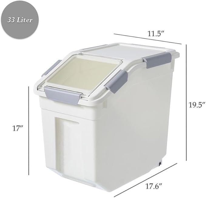HANAMYA 32.5 Liter / 35 lbs Pet Food Storage Container with Measuring Cup, BPA free, For Dog Food | Cat Food | Rice | Grain | Flour, White & Gray, 1 count