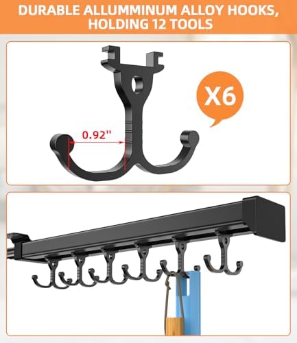 Pull Out Broom Holder With Adjustable Double Row Sliding Hook-Black 14.2IN | Multifunctional Slide Broom And Mop Storage/Organizer Garage Organization Hooks, for Closet Laundry Garage Kitchen