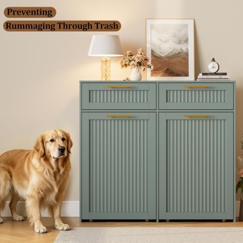 2 X 13 Gallons Pull Out Trash Can Cabinet, Double Trash Cabinet, Green | Fluted Kitchen Trash Cabinet with Drawers, Freestanding Hidden Garbage Pet Proof Trash Can Holder for Laundry, Living Room