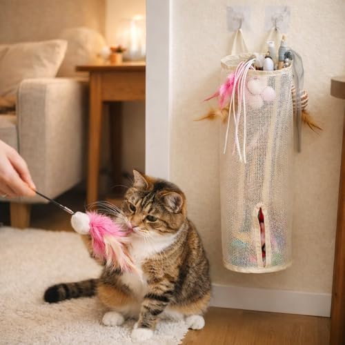 Cat Wand Toy Storage Organizer, Wall Mounted Mesh Holder for Cat Toys, Space-Saving with Adhesive Hooks (Single Compartment)