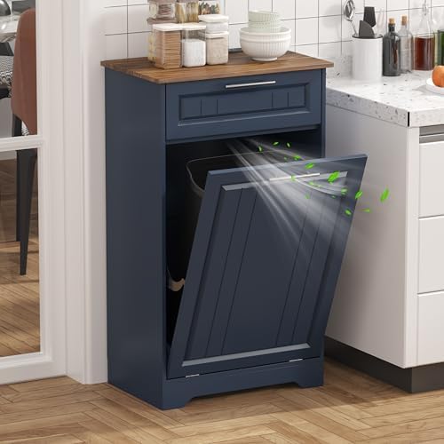 Single 10 Gallon Tilt Out Trash Can Cabinet with Deodorizing Function, Wooden Hidden Garbage Can Holder with Storage Drawers for Kitchen and Dining Room, Laundry Hamper Cabinet for Bathroom, Blue