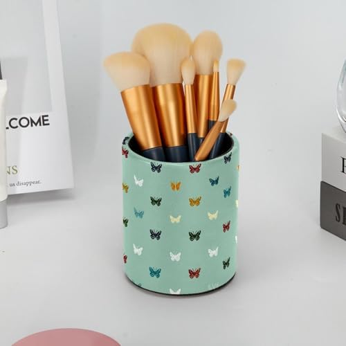 Faux Leather Pen Holder for Desk, Pencil Organizer Butterfly Pen Cup Desk Decor Makeup Brush Holder Storage for Office Home