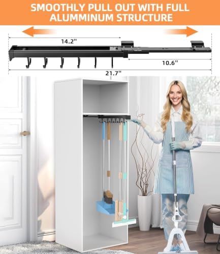 Pull Out Broom Holder With Adjustable Double Row Sliding Hook-Grey 14.2IN | Multifunctional Slide Broom And Mop Storage/Organizer Garage Organization Hooks, for Closet Laundry Garage Kitchen