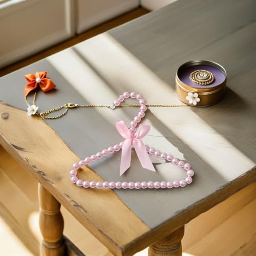 DOITOOL 5pcs Plastic Pet Hangers for Small Clothes with Elegant Pearl Beaded Design and Pink Color, Sturdy and Wear-Resistant Dog Clothing Rack for Pet Stores and Home Organization