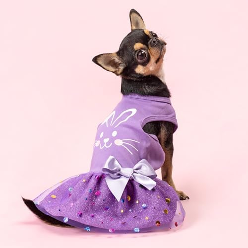 Fitwarm Easter Bunny Dog Dress, Holiday Dog Clothes for Small Dogs Girl, Pet Easter Outfit, Purple, White, Small