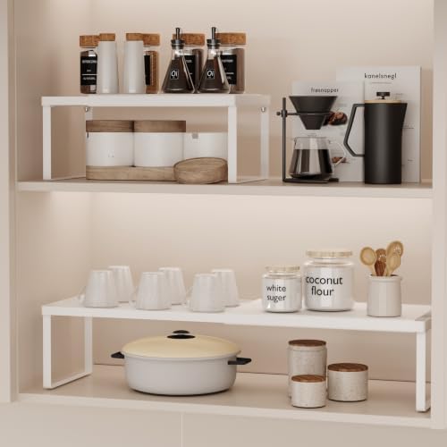 Magheo Expandable Cabinet Shelf Organizer, 1 Pack Stackable Kitchen Counter Shelf Riser, Metal Spice Rack Heavy Duty Countertop Organizer Storage for Kitchen, Pantry, Cupboard, Rv (5.9in Height,White)