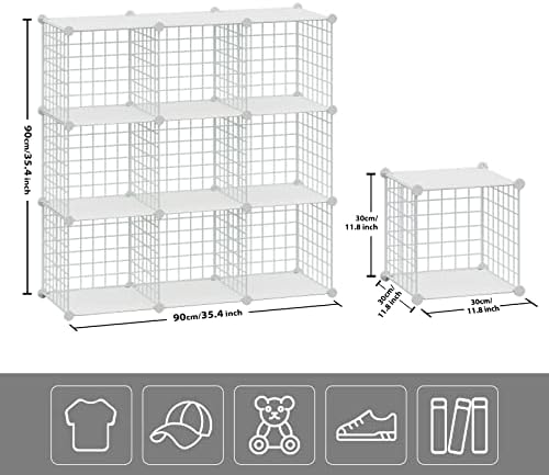 HUBSON Wire Cube Storage Organizer, Book/Toy/Craft/Potted Plants and petCloset Organizers and Storage Shelves, 9-Cube Freely Combinable Metal Grids Storage Shelf,White Plus Iron