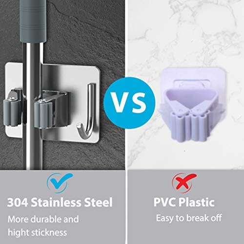 homeasy Mop Broom Holder No Drill, Mop Broom Organizer Wall Mounted Heavy Duty with Hooks Hanger, Self Adhesive Stainless Steel 4Pcs for Bathroom, Kitchen, Office (Silver)