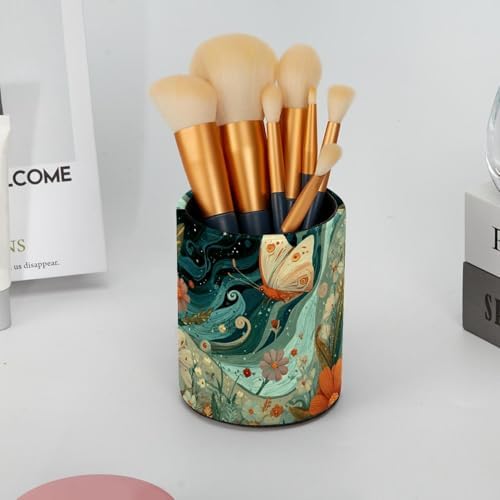 Faux Leather Pen Holder for Desk, Pencil Organizer Butterfly Pen Cup Desk Decor Makeup Brush Holder Storage for Office Home