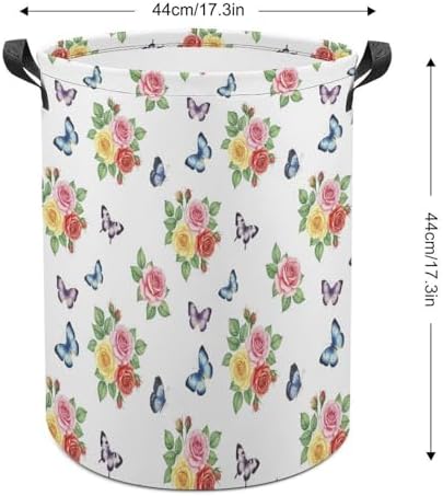 Foldable Clothes Hamper with Handles Flower Shabby Chic Roses Buds Leaves Tulips Floral Butterfly, Waterproof Laundry Basket for Bedroom, Bathroom, and Toy Storage Needs