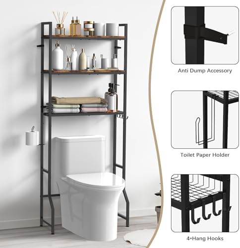 Over the Toilet Storage Cabinet Bathroom Storage Above Toilet | Over the Toilet Shelf, with Paper Holder and 4 Hooks, with Metal Frame, Space-Saving, Large Capacity Storage, Brown