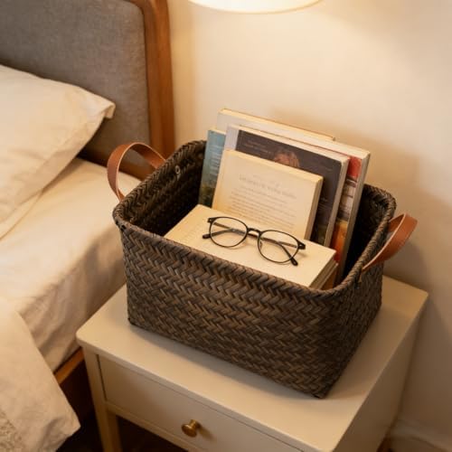 GIB Wicker Woven Storage Baskets for Organizing Blankets Laundry Shelves | Clothes Hamper, Large Closet Storage Bins Organizer, Living Room Toys Shoes Organization, Plastic Rattan, Espresso, 4 Pack