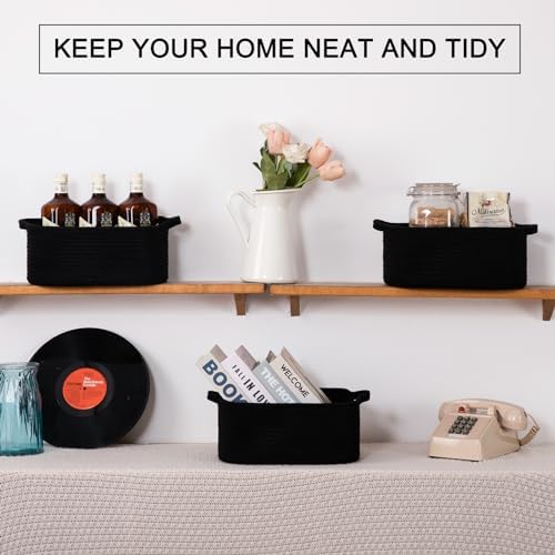OIAHOMY 3 Pack Storage Baskets for Shelves Cotton Rope Storage Bins Black | Woven Baskets for Storage Nursery Storage Basket with Handles Baskets for Organizing Small Baskets Gift Baskets Empty
