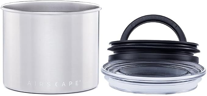 AirScape by Planetary Design | Airless Storage | 250g | Brushed Steel | Food Storage Container | US Patented Airtight Lid | Push Out Excess Air Preserve Food Freshness (Small, Brushed Steel)