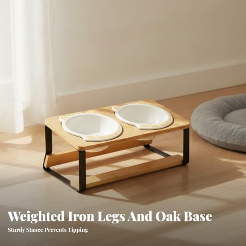 Cat Bowl Stand Elevated Feeder Raised Holder Double Dish Organizer Bamboo Wood and Iron Tilted Feeding Rack with Compact Footprint Suitable for Cats