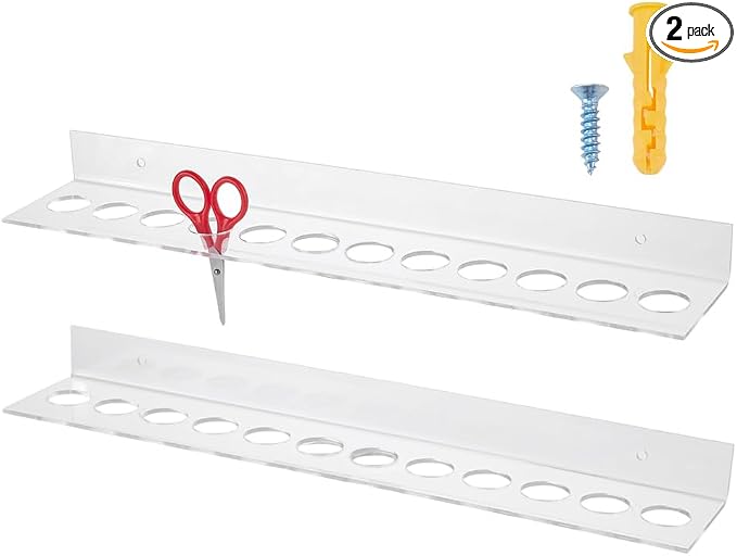 2PCS Long Scissor Holder Acrylic Wall Mounted Shear Holder with Screws Salon Shear Rack 12 Slot Scissor Organizer Scissors Tool Hangers Wall Mounted Comb Rack for Dog Grooming Salon Storage