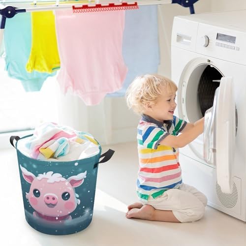 Laundry Hamper with Handle Snow Pets Laundry Basket Waterproof Dirty Clothes Hamper Circular Organizer Basket Portable Storage Bin Decorative Basket for Living Room Kitchen Bathroom Car