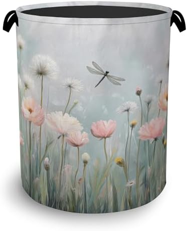 Dragonfly Laundry Hamper,Dandelion Flower Dirty Clothes Laundry Basket with Handles Waterproof Oxford Cloth Storage Basket for College Dorms Bathroom Bedroom 16" x 20.8"