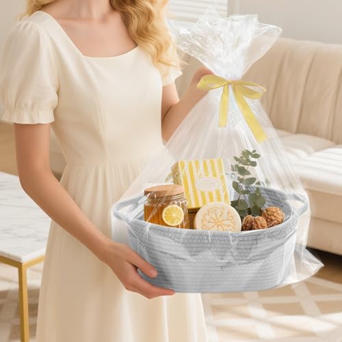 Woven Basket with Gift Bags and Ribbons, 14"X 10" X 6" Storage Basket Grey | Gift Storage Organizer Basket Bin Shelf Shelves Cotton Rope Basket for Nursery, Pet Toys