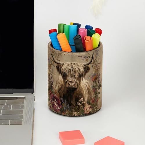 Faux Leather Pen Holder for Desk, Pencil Organizer Highland Cow Pen Cup Desk Decor Makeup Brush Holder Storage for Office Home