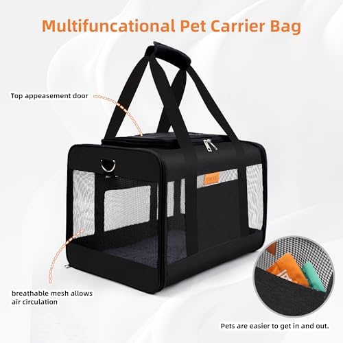 YUNIQUE Soft-Sided Cat & Dog Carrier for Pets Up to 15 Lbs, Airline Approved Collapsible Travel Puppy Carrier with Lightweight Fabric Design (Black)