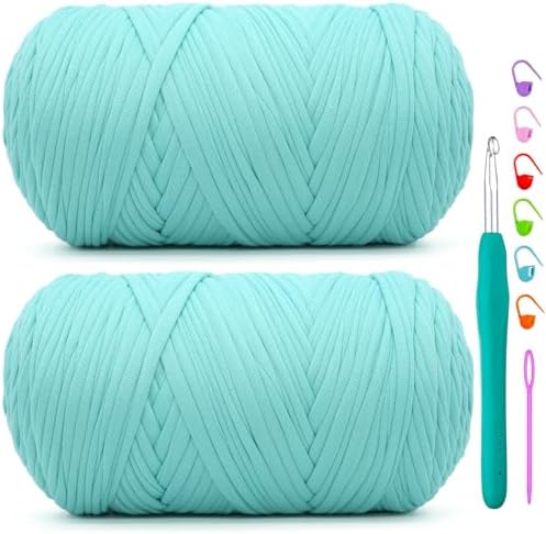 2 Pack Tshirt Yarn for Crochet,Blue T Shirt Soft Elastic Fabric Chunky Thick T-Shirt Crochet Yarn for Crocheting Knitting Beginner Hand Knitting Bag/DIY Craft/Home Decor 2 * 400G-Aqua Blue