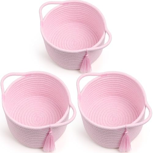 3-Pack Small Gift Basket Empty to Fill, Cellophane Bag & Ribbon, Pink | Cute Decorative Mini Woven Rope Basket with Handles for Gifting; Reusable for Bathroom Counter or Desk Catchall, 8 x 4.7 in