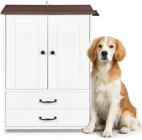 Dog Feeding Station with Double Door Locker, 2 Dog Bowls, 3 Hooks, Dog Food Storage Cabinet, Cat Feeding Dtation, Space-Saving Pet Food Storage Organizer for Indoor Outdoor, White