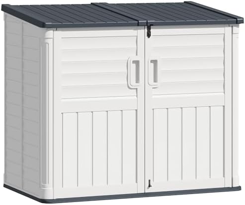 TUOZE 34 Cu Ft Resin Storage Shed, Waterproof Outdoor Storage Cabinet with Sloping Roof & Lockable Lid for Garden Tools, Trash Cans (Beige)