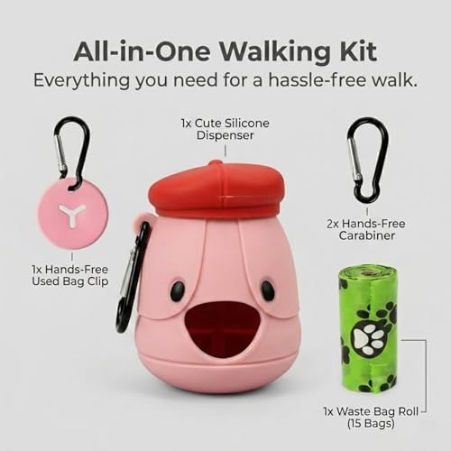Dog Poop Bag Holder with Hands-Free Used Bag Clip & 1 Roll Bags | Cute silicone design with leash attachment and hands-free clip, making dog walking cleaner and more convenient outdoors
