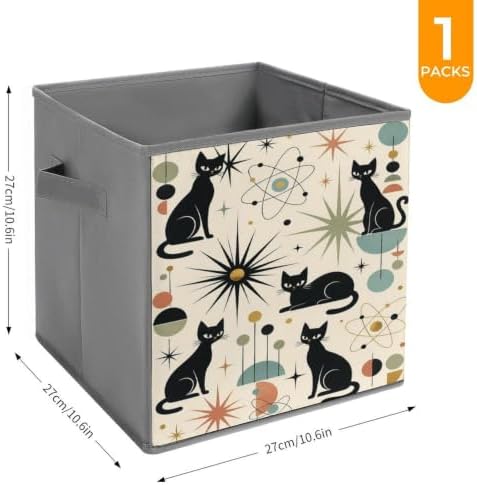 Black Cats Atomic Stars Yellow Storage Bin with Handles, Oxford Fabric Foldable Storage Cube Organizer for Clothes, Towels, Bedroom, Living Room, Home Organization
