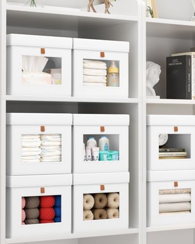 Homsorout Storage Bins with Lid – Closet Organizer with Side Opening and Clear Window, Foldable Stackable Fabric Basket for Clothes, Home, Office - 13.77" x 11.8" x 9.8", 3 Pack, White