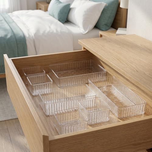 CLISPEED 10pcs Pet Drawer Organizer Trays with Stackable and Removable Dividers, Easy to Clean Multi-use Storage Bins for Makeup, Kitchen Gadgets, and Bathroom Counter Organization