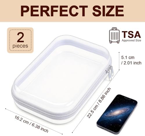 2 Pack White Clear Hard Shell Zipper Case, 8.86" x 6.38", Cosmetic Bag