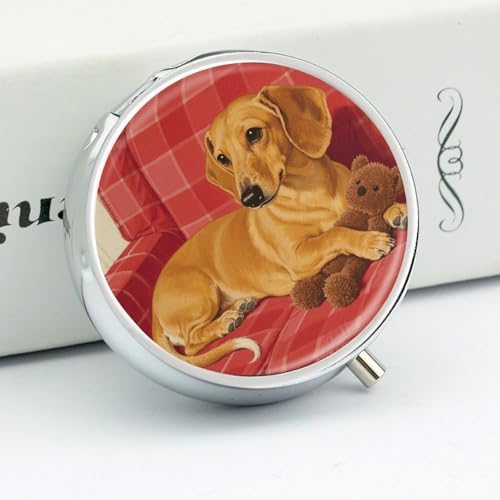 Portable Pill Box 3 Compartments, Small Round Metal Medicine Organizer for Pocket, Dachshund Weiner Pet Dog Pill Case for Vitamins, Fish Oil, Supplement & Travel