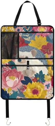 1 Pack Back Seat Car Organizer with Storage Pockets Kick Mats Back Seat Protector Hanging Car Organizer Automotive Seat Back Cover Organizers Garden Flowers Hedgehogs Colorful