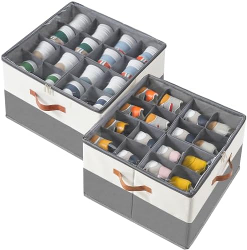 INSTY 2 Pack Shoe Organizer for Closet, Fits up to 32 Pairs, Adjustable Dividers for Shoe Storage, Fabric Shoe Storage Bins with Clear Cover, Beige and Grey