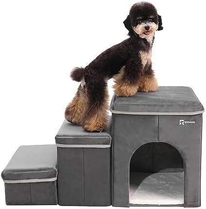 Foldable Pet Stairs with Cozy House & Storage
