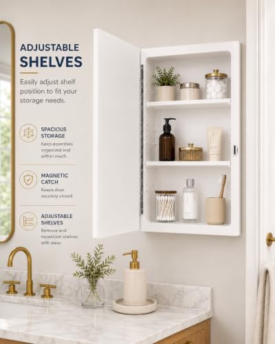 16” x 22” White Recessed Medicine Cabinet | Bathroom Storage Cabinet with Adjustable Shelves, Rust-Proof Design with Wooden Door | Modern Beveled Edge Wall Mounted Medicine Cabinets