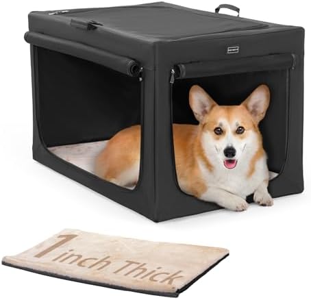 PETSFIT Portable Dog Crate for Medium Dogs, – 30" Soft Dog Travel Crates with Lockable Zippers & Thicken Mat, Adjustable Patented Spiral Steel Frame, Collapsible Kennel for Indoor & Outdoor