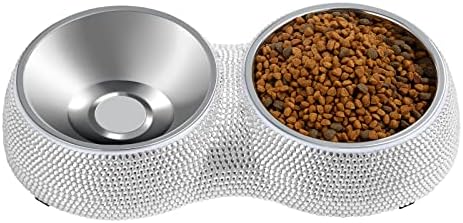 eing Dog Bowls Double Dog Water and Food Bowls Stainless Steel Bowls with Non-Slip Resin Station and Bling Rhinestones, Pet Feeder Bowls for Puppy Medium Dogs Cats Puppy Pets,White