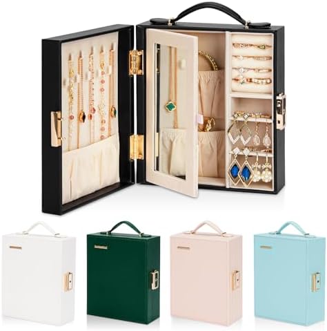 Enthralite Portable Travel Jewelry Case: Jewelry Box with Lock and Mirror | Quality PU Leather & Velvet Lined Jewelry Organizer - Large Capacity for Ring Earring Large Necklaces - Birthday Gift for Her