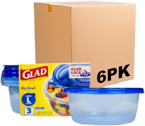 Glad GladWare Big Bowl Food Storage Containers, Large, 48 Oz, 3 Count, 6-Pk | Lock-tight seal for soups, salads, and meal prep in a large round format; microwave and dishwasher safe
