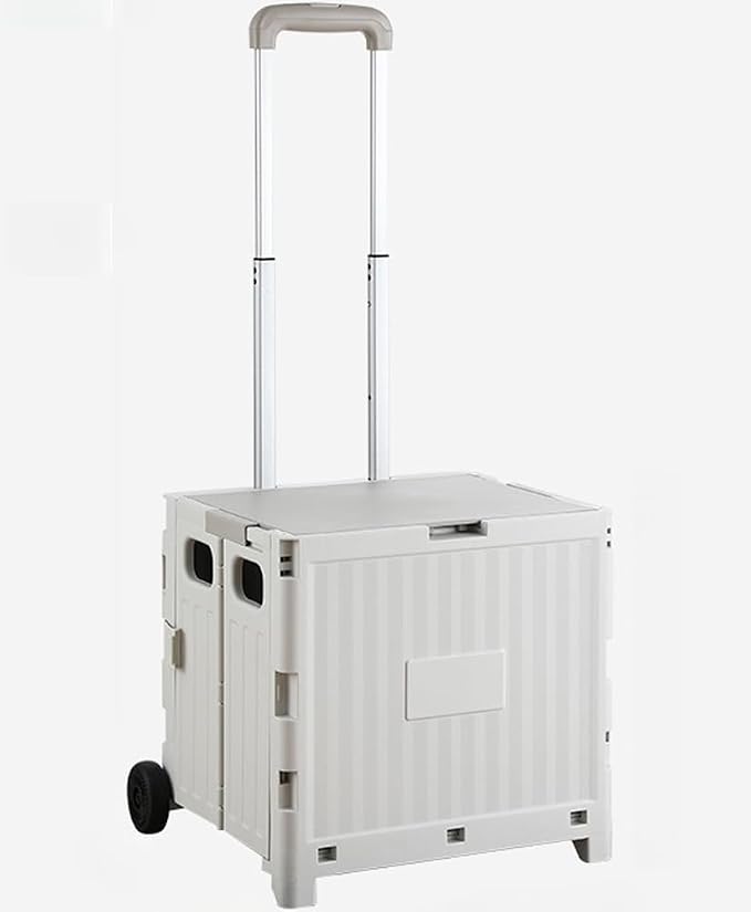 Collapsible Shopping Box Trolley on Wheels with Lid,75L Large Capacity Folding Portable Rolling Crate Handcart with Telescopic Handle for Camping (Grey,Two Wheel Medium)