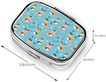 Metal Pill Box AM/PM Compartments Small Medicine Organizer Supplements Case Travel Essential, Christmas Corgi Dog Blue