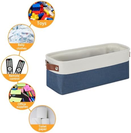 DULLEMELO Narrow Storage Basket,Toilet Paper Basket with Leather Handles for Back of Toilet, Vanities, Shelves & Cabinets (White&Blue-1 Pack)