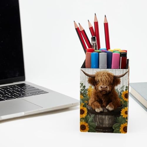 Highland Cow Pen Holder for Desk Decor, Rectangular PVC Leather Pencil Cup for Desk Pen Organizer, Makeup Brush Holder for School, Home, Office