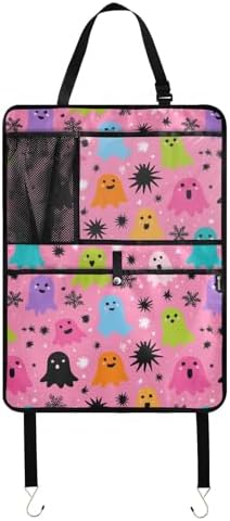 1 Pack Back Seat Car Organizer with Storage Pockets Kick Mats Back Seat Protector Hanging Car Organizer Automotive Seat Back Cover Organizers Hot Pink Halloween Ghost Snowflakes