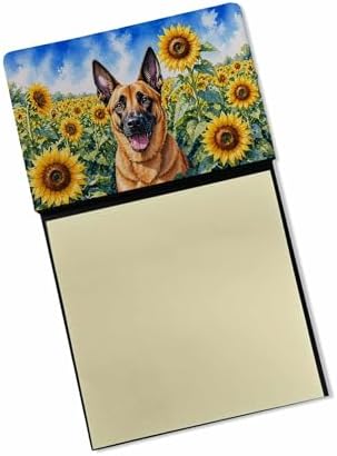 Caroline's Treasures Belgian Malinois in Sunflowers Watercolor Sticky Note Holder Refillable Dispenser Desk Accessory 3x3 Pad Gift