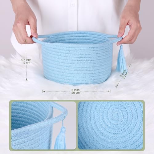 Small Gift Basket Empty to Fill, Gifts Bag & Ribbon, Light Blue | Cute Decorative Mini Woven Rope Basket with Handles for Gifting; Reusable for Bathroom Counter or Desk Catchall, 8 x 4.7 in